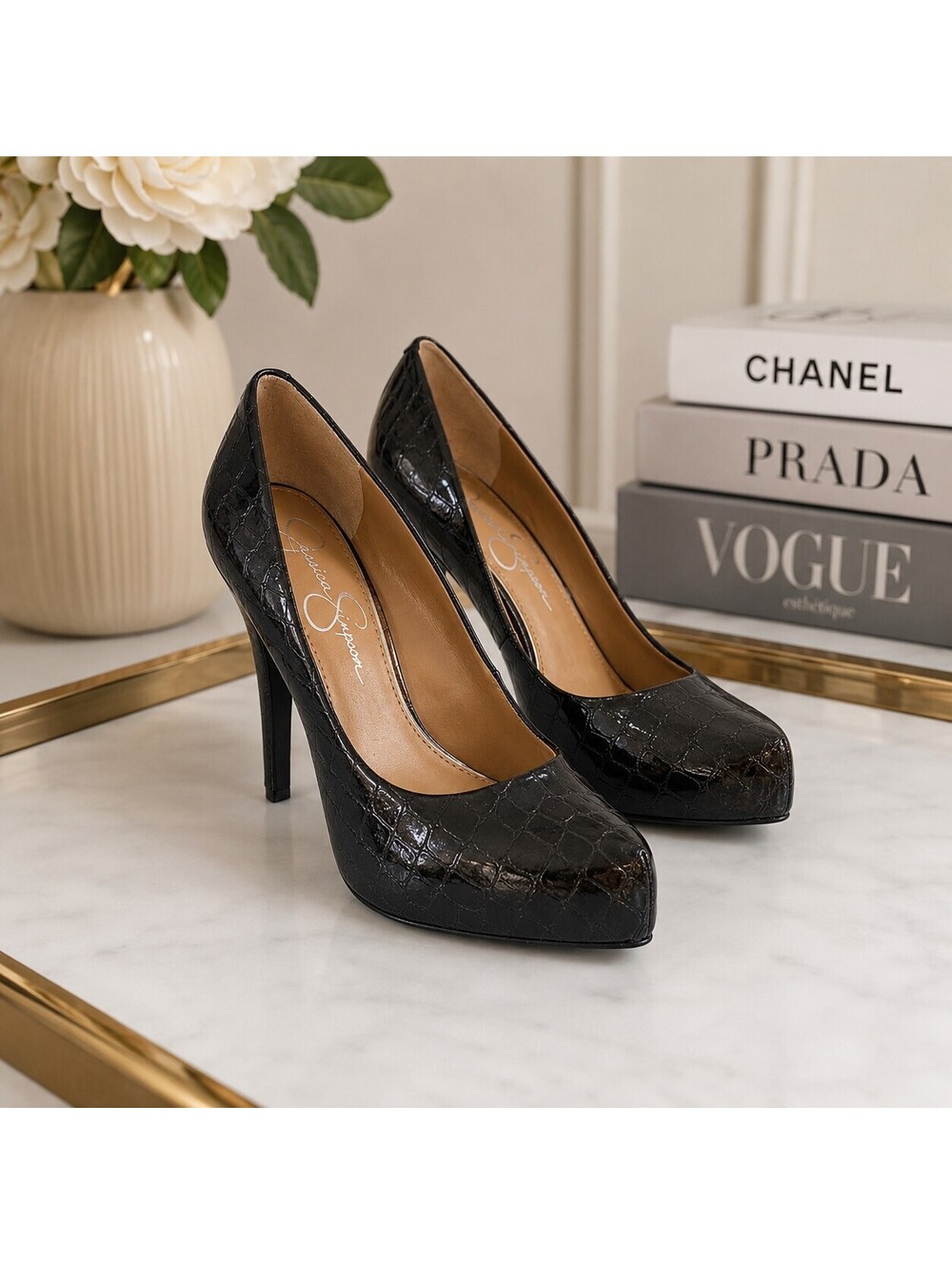 Jessica Simpson Parisah Brown Croco Leather Platform Pumps Heels Women’s 7.5